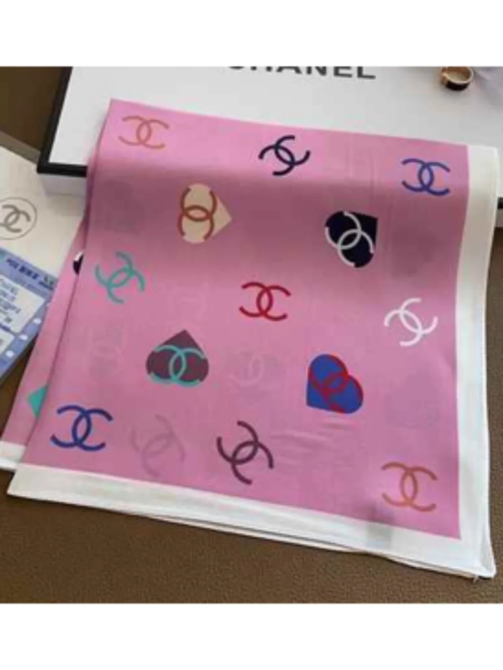 Square Silk Scarf Blue Pink Hearts White Signed Luxury Designer Inspired